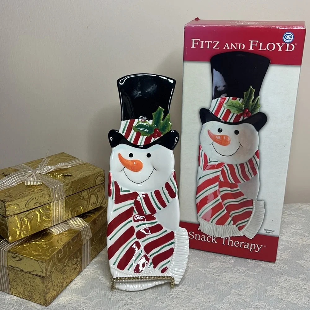 Fitz & Floyd Serving Plate Snack Therapy Snowman Tray Dish Vintage Christmas Red